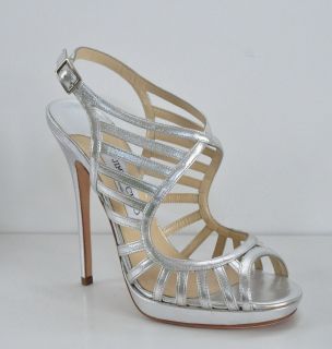 JIMMY CHOO SILVER METALLIC LEATHER KEENAN CAGE SANDALS 40 STRAPPY