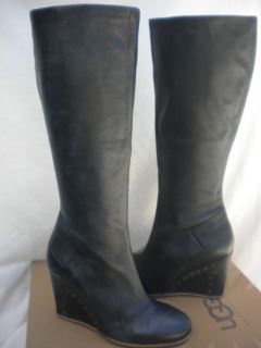 UGG~KENDRICK~TALL BLACK LEATHER WEDGE BOOTS 7/38 (UK 5.5) NEW 1001881