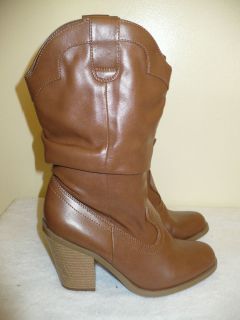 Kensie Girl brown faux leather cowboy high heel boots slouchy shoes 6