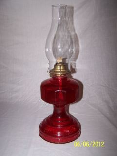 RUBY RED GLASS ANTIQUE KEROSENE OIL LAMP CHIMNEY EAGLE BURNER BRASS