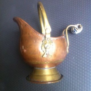 Beautiful Small Coal Shuttle Scuttle Brass Copper w Pottery Handle