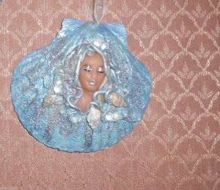fantasy art handmade OOAK mermaid in a sea shell LIGHT BLUE ornament