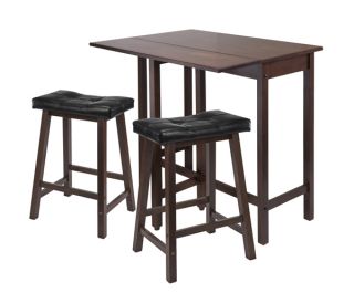 New 3 Piece Brown Drop Leaf Kitchen Table Set with 2 Cushion Saddle