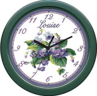Personalized Green Kitchen Wall Clock Sweet Violets Art