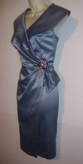 KM Collections Gray Satin V Neck Jeweled Cocktail Evening Dress 8 NWT