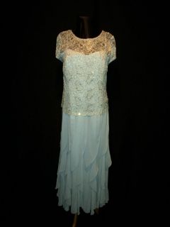 KM Collections 50690 Blue Lace Chiffon Cruise Mob Evening Gown Sz 18