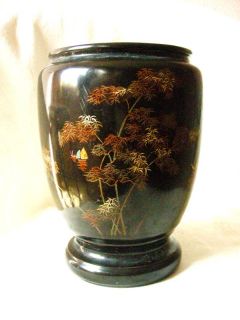 Vietnam Wooden Vase   Nice View Gently Painted on Black Lacquer, 1970