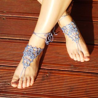 Blue Crochet Barefoot Sandals Beach Pool Wear Yoga Shoes Boho Goth