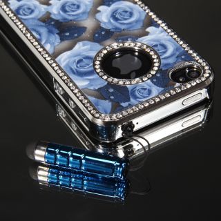 Bling Chrome Diamond Cover Case W/ Blue Rose Flower For iPhone 4 4S