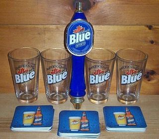 Labatt Blue Tap Handle Keg Marker 4 Beer Pint Glasses 30 Coasters New