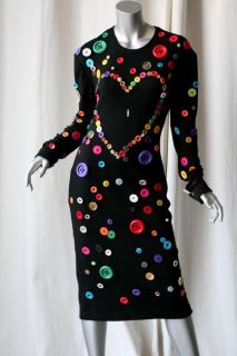 Patrick Kelly Vintage Black Buttons Heart Dress M L 42