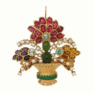 Amazing 14k Gold Pearls Gems Ladies Pin Brooch Pendant