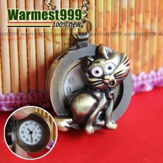 Antique Bronze Vintage Lady Charm Cat Quartz Pocket Watch Pendant