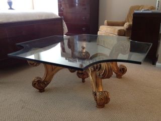 Mid Century Labarge Glass Top Coffee Table with Gold Wood Base