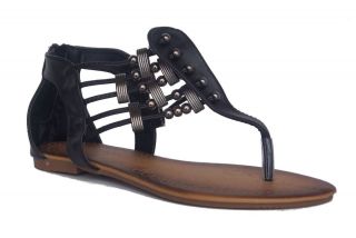 Lasonia S1252 Womens Black Beaded Gladiator Thong Flat Sandal