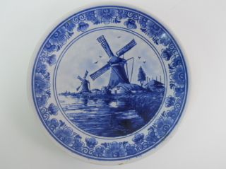 Vintage Delft Blue Blauw Hand Painted Plate with Windmill Canal Made