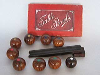 Set of Vintage Wooden Table Top Bowls Bowling Balls Carpet Lawn