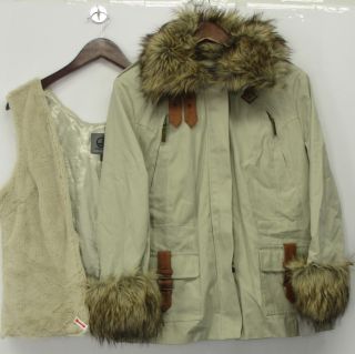 Queen Latifah Collection Cotton Coat w/ Removable Faux Fur Khaki Sz L