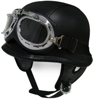 Dot Black Leather German Motorcycle Half Helmet w Pilot Goggles