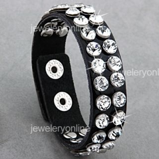 Black Studs Rhinestone Leather Wristband Bracelet 0 7