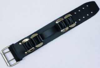 Harley Davidson Style Wide Leather Watch Band Chrome Bars