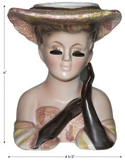 Lefton Fancy #4228 Lady Head Vase / Planter with Pink Hat and Brown