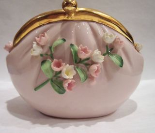 1950s? Pink Lefton China Purse With Raised Flowers Vase Planter Hand