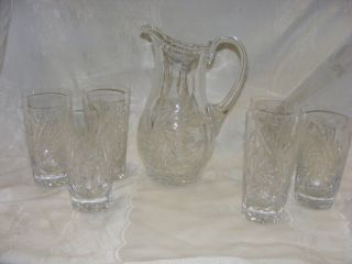 Vintage American Brilliant Cut Crystal Whirling Star Pitcher 6 Glasses