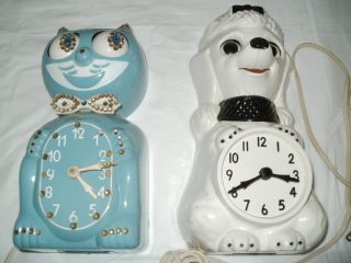 vintage kit kat cat clock white poodle& blue jeweled cat parts lot no