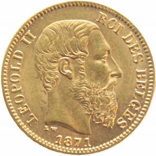 Belgium 20 Francs KM 37 XF Gold Coin Leopold II 1871