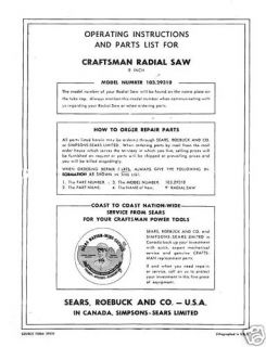  Craftsman Radial Arm Saw Manual No 103 29310