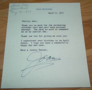 Original Vintage 1977 Actress Joan Crawford Hand Signed Autographed
