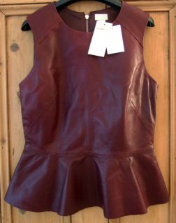 Burgundy Deep Red Leather Peplum Top 12 EU 38 US 8 BNWT Lily Collins