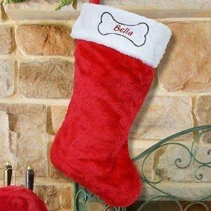 Personalized Embroidered Christmas Red Plush Dog Bone Stocking