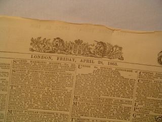 Antique Newspaper Lincoln Assassination 1865 London Tim