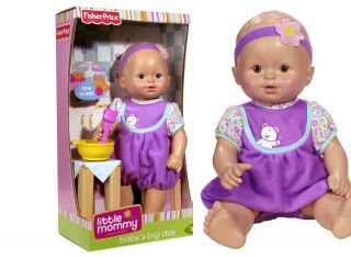 FISHER PRICE LITTLE MOMMY BABYS BIG DAY DOLL FEEDING TIME BABY BLUE