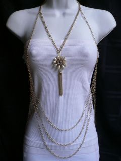 Women Long Gold Necklace Cream Beads Flower Fashion Body Chain Jewelry