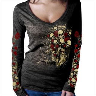 Ladies Skull and Red Roses Bouquet Top Long Sleeve Tee