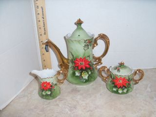 Lefton Christmas Tea Set Tea Pot Creamer Sugar Poinsettia