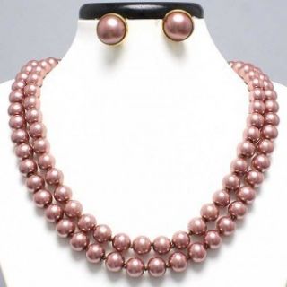 Ink Brn Faux Pearl Beads 46 Long Necklace Clip Earrings Set