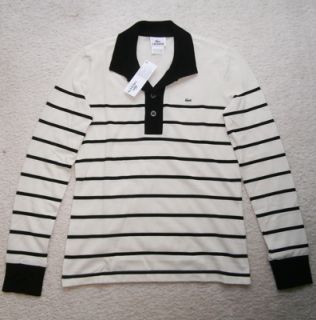 Women Lacoste Long Sleeve Striped Polo T Shirt, Nacre / Noir, Size 6