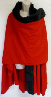 SUSAN LUCCI Wool Blend Wrap CAPE Red Black Faux Fur Poncho Sweater