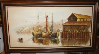 Luini Seascape Fishing Boats Oil on Canvas Painting