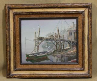Vintage Orig Signed *Carter* Oil Painting Nautical Fishing Boat Dock