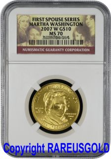 2007 Martha Washington $10 NGC MS 70 First Spouse Gold Coin Graded