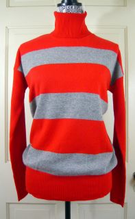 Crew Cashmere Rugby Stripe Turtleneck Sweater Red Gray s Retail $245