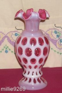Stunning Fenton 8 Cranberry Opalescent Coin Dot Vase YOP 1947 59 Ware