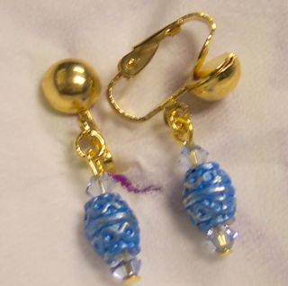 Gold Earring Clip On Dangle New Blue Swarovski Crystal Beads
