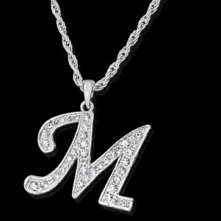 ALPHABET INITIAL LETTER M SILVER PLATED w CRYSTAL PENDANT CHARM