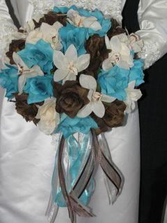 Brown Turquoise Cream Rose Cream Orchids Wedding Bouquet Set